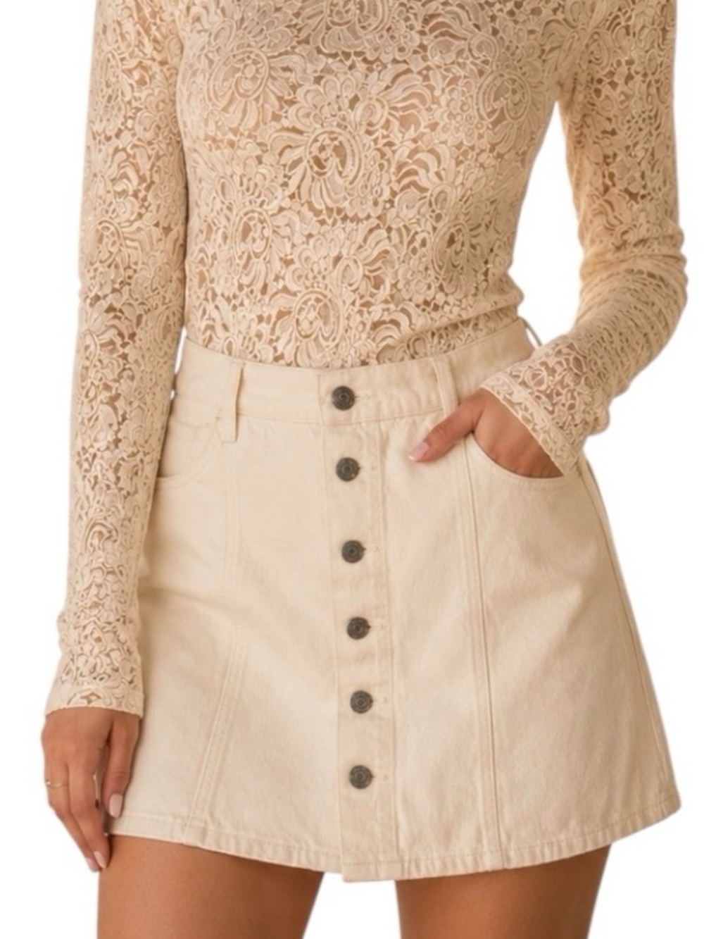 Levi’s Ivory Denim Button Front Mini Skirt | Women’s A-Line Cotton Jean Skirt